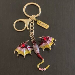 Red Pink Rhinestone Multi Color Dragon Brave Charm Gold Tone Keychain Keyring